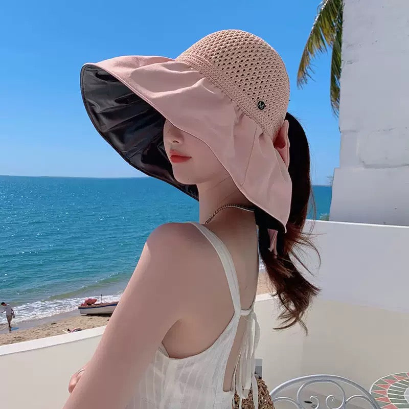 Wide Brim Open-Top Sun Hat –  Ponytail-Friendly Summer Hat with Bow