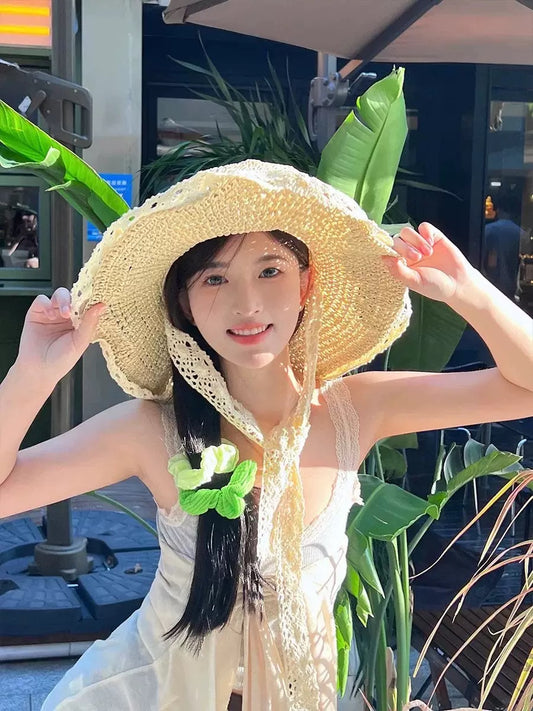 Crochet Lace Tie Sun Hat – Wide Brim Hollow Straw Hat for Women
