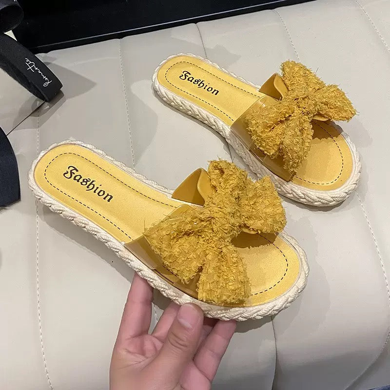 Women’s Bow Slides – Fuzzy Fabric with Jute Sole | Yellow or White