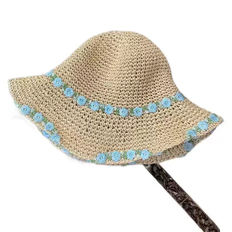 Mint Floral Lace Straw Sun Hat – Wide Brim Crochet Beach Hat