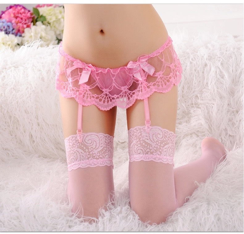 Sexy Lingerie Set – Embroidered Sheer Lace Suspender Stockings with Thong, One-Piece Erotic Outfit