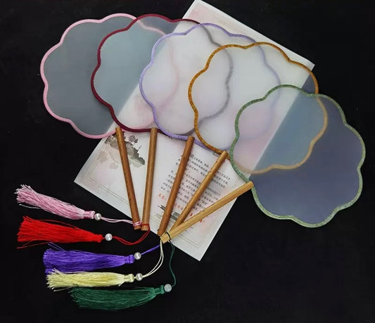 DIY Silk Fan – Blank Shujian Painting Surface │ 21 cm Round, 15 cm Wooden Handle │ Colorful Tassel │ Traditional Chinese Craft