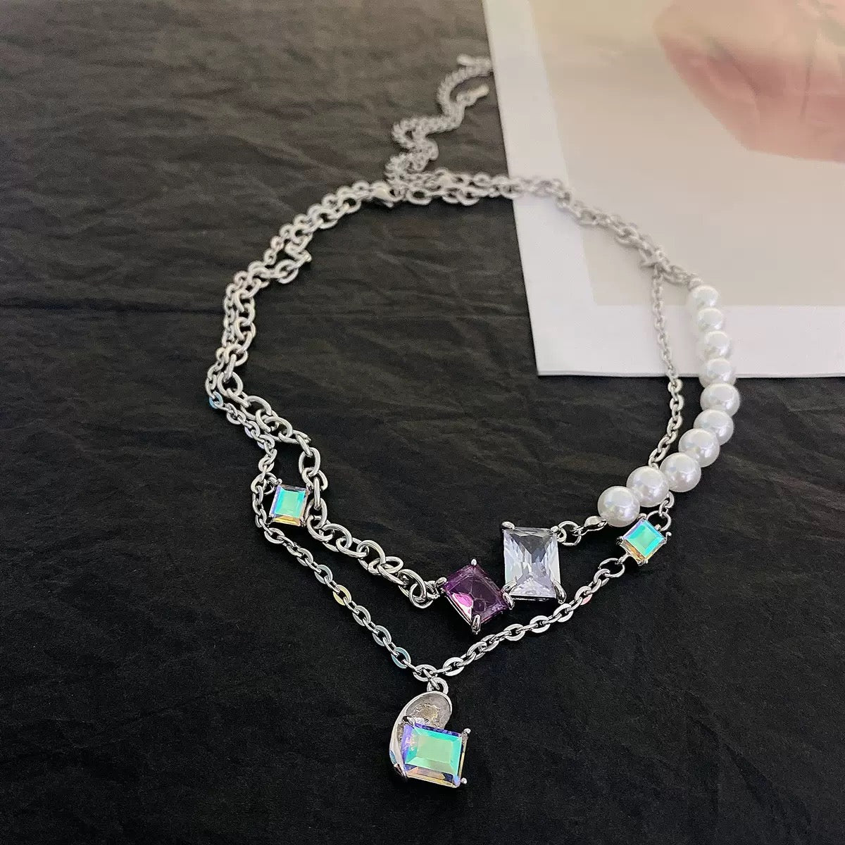 Minimalist Double-Layer Titanium Steel Necklace – Crystal Cube & Pearl Chain for Women (Chunky 39.5cm +10cm / Fine 40cm +10cm)