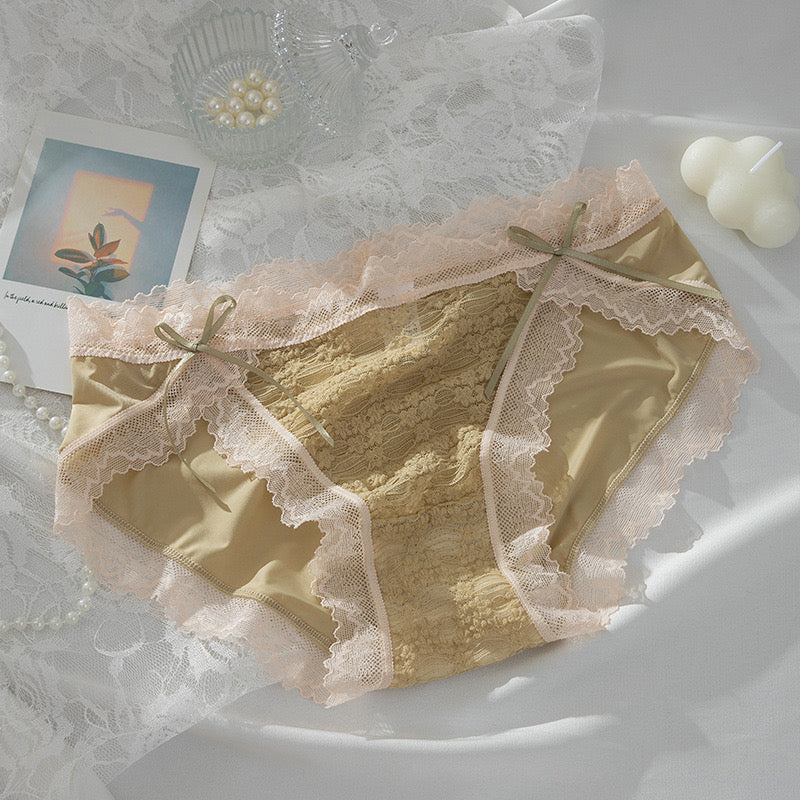 Sexy Lace Jacquard Panties for Women, Open-Slit Design, Double Ribbon Bow, Breathable and Hip-Lifting Mid-Waist Triangle Underwear
