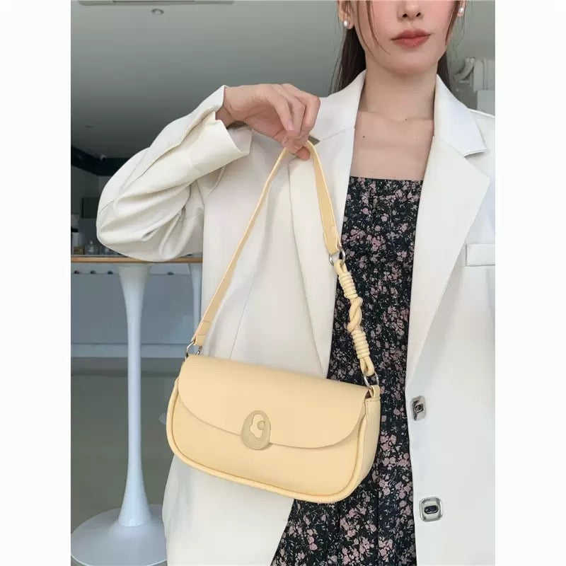 Candy Yellow Baguette Shoulder Bag – Adjustable Strap PU Leather Crossbody Purse for Women