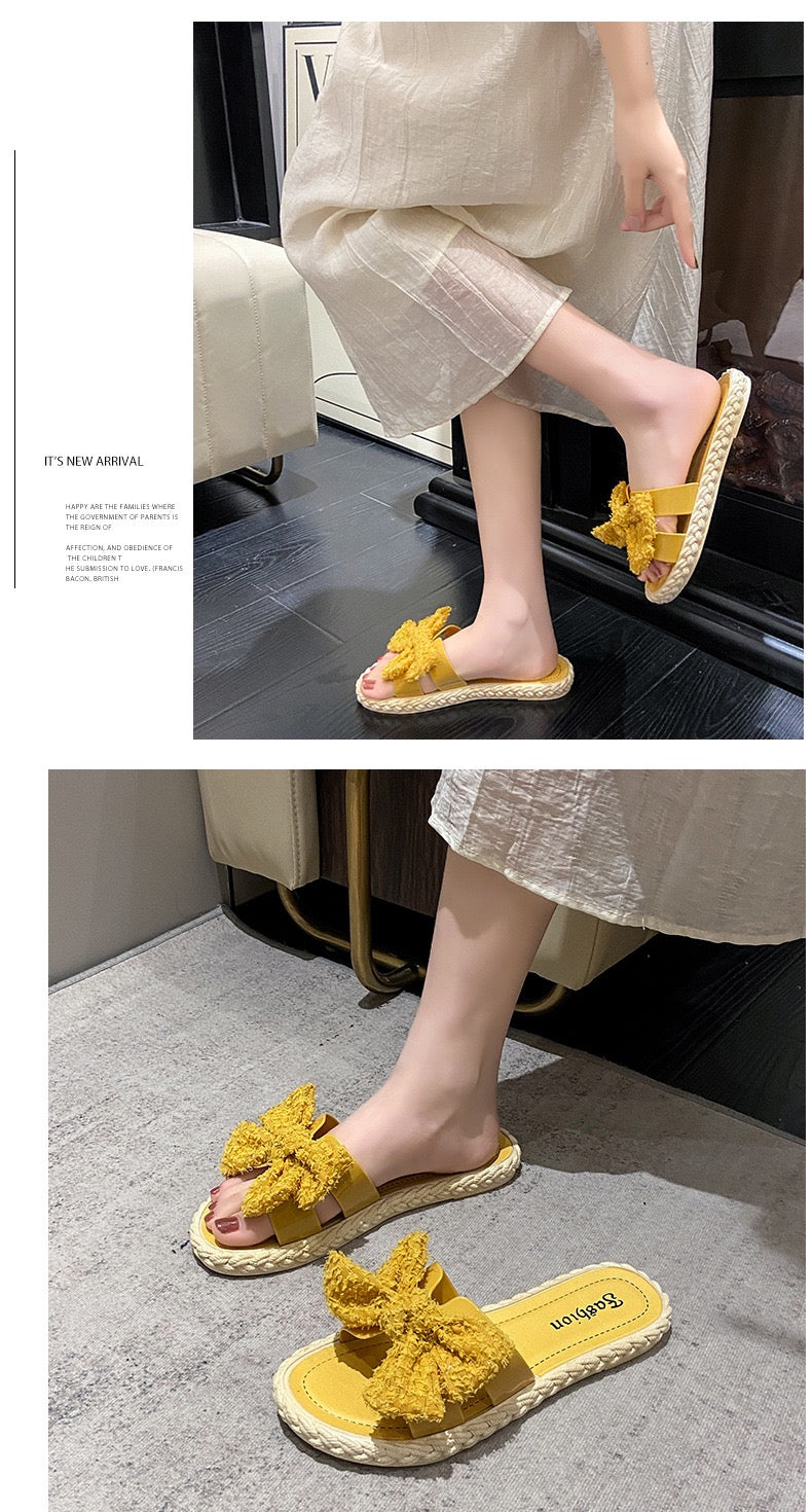 Women’s Bow Slides – Fuzzy Fabric with Jute Sole | Yellow or White