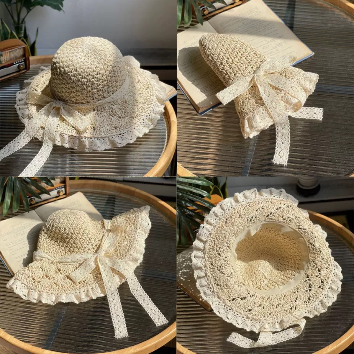 Foldable Crochet Lace Sun Hat – Handmade Summer Beach Hat with Bow