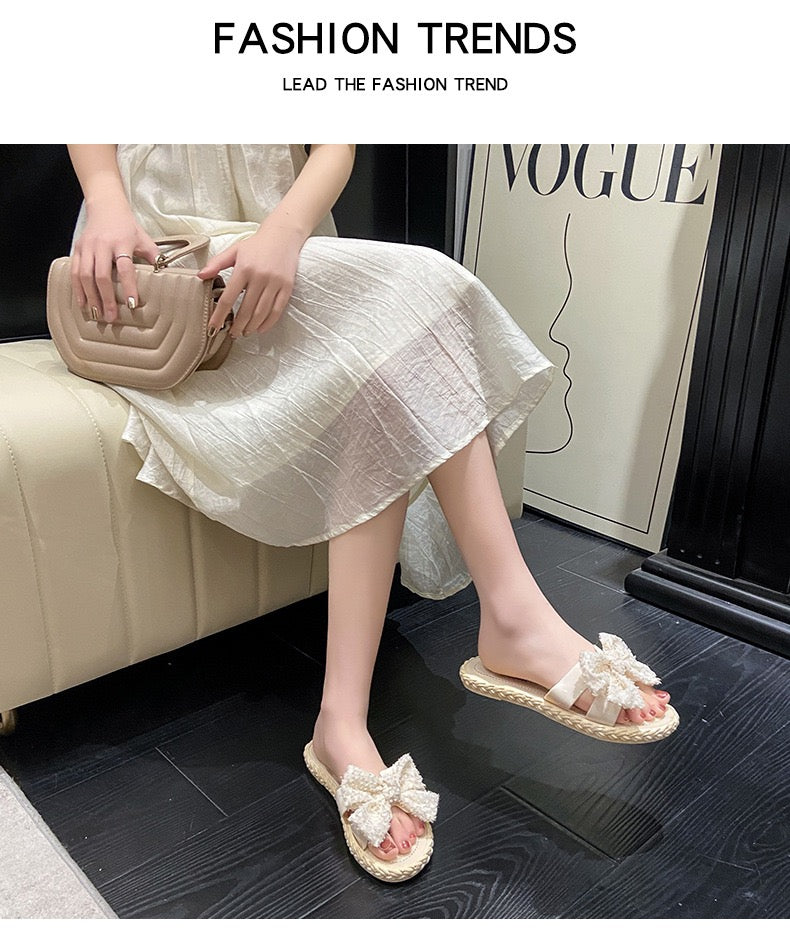 Women’s Bow Slides – Fuzzy Fabric with Jute Sole | Yellow or White