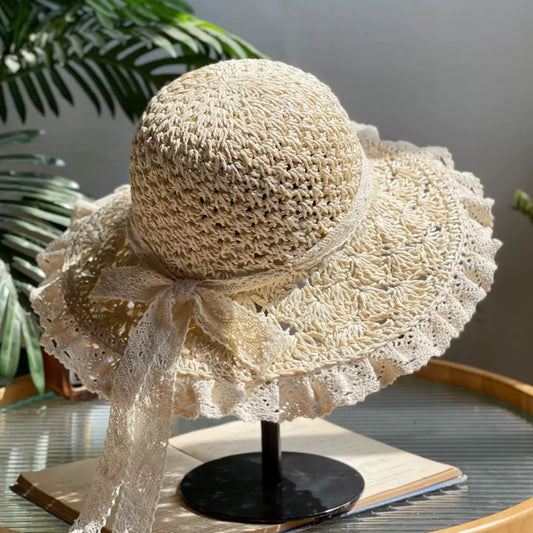 Foldable Crochet Lace Sun Hat – Handmade Summer Beach Hat with Bow