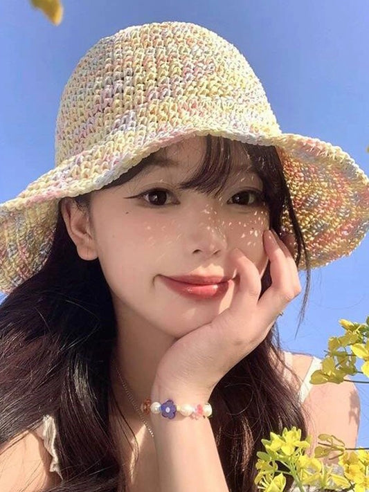 Dopamine-Inspired Woven Sun Hat – Wide Brim Bucket Hat | Summer UV Protection & Face-Slimming