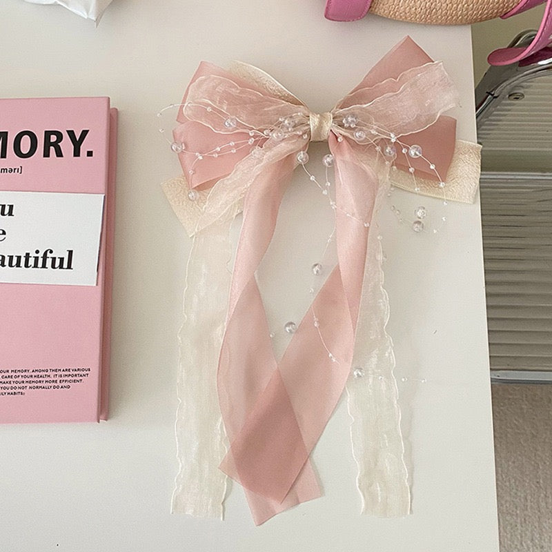 Exquisite Tulle Summer Bow Hair Clip with Multi-Layer Floating Ribbons, Pearl Beads, Chain, and Spring Clip, High-End Back Head Hair Accessory