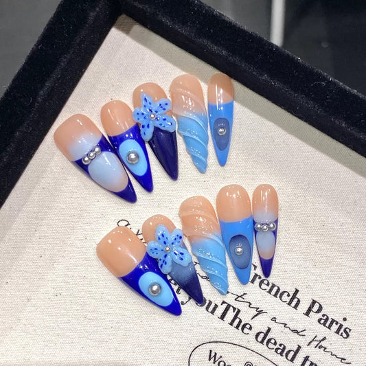 Ocean-Inspired Handmade Press-On Nails – 3D Carved Floral Embossed Design, Fully Hand-Painted.
