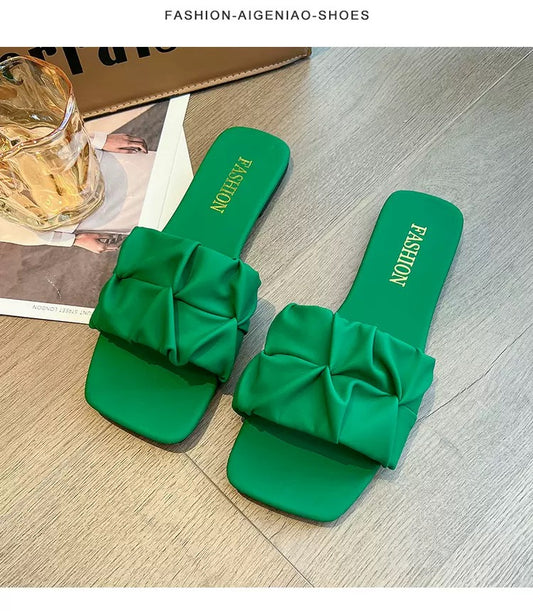 Women’s Ruched Bow Slides – Green