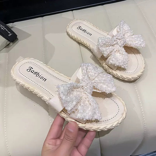 Women’s Bow Slides – Fuzzy Fabric with Jute Sole | Yellow or White