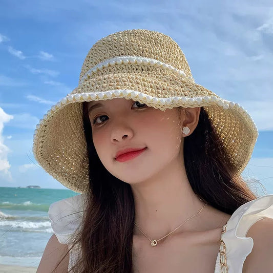Pearl Trim Woven Straw Sun Hat – Lightweight Summer Beach Hat for Women | Wide Brim UV Protection