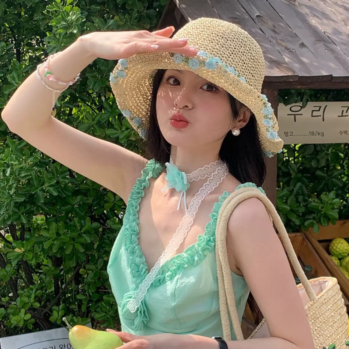 Mint Floral Lace Straw Sun Hat – Wide Brim Crochet Beach Hat