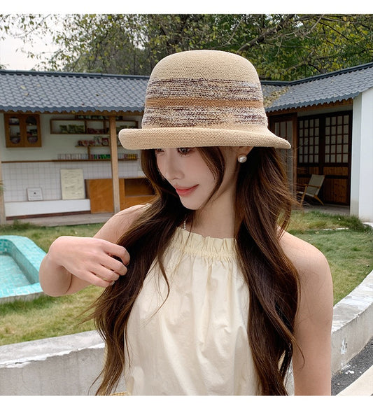 Spring/Summer Knit Curled-Brim Hat – French Style Elegant Bucket Cloche for Women | Breathable & Face-Slimming