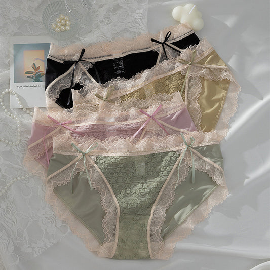 Sexy Lace Jacquard Panties for Women, Open-Slit Design, Double Ribbon Bow, Breathable and Hip-Lifting Mid-Waist Triangle Underwear
