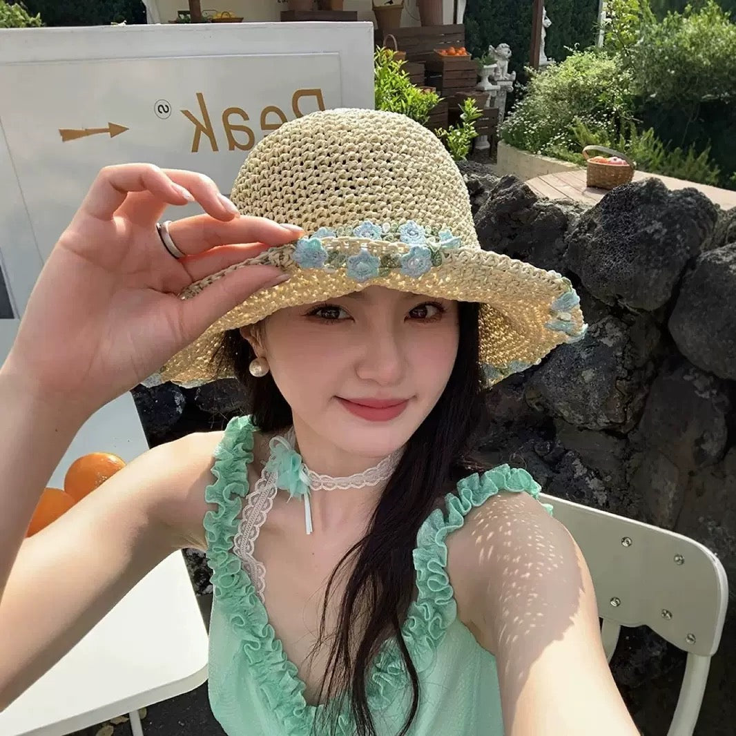 Mint Floral Lace Straw Sun Hat – Wide Brim Crochet Beach Hat