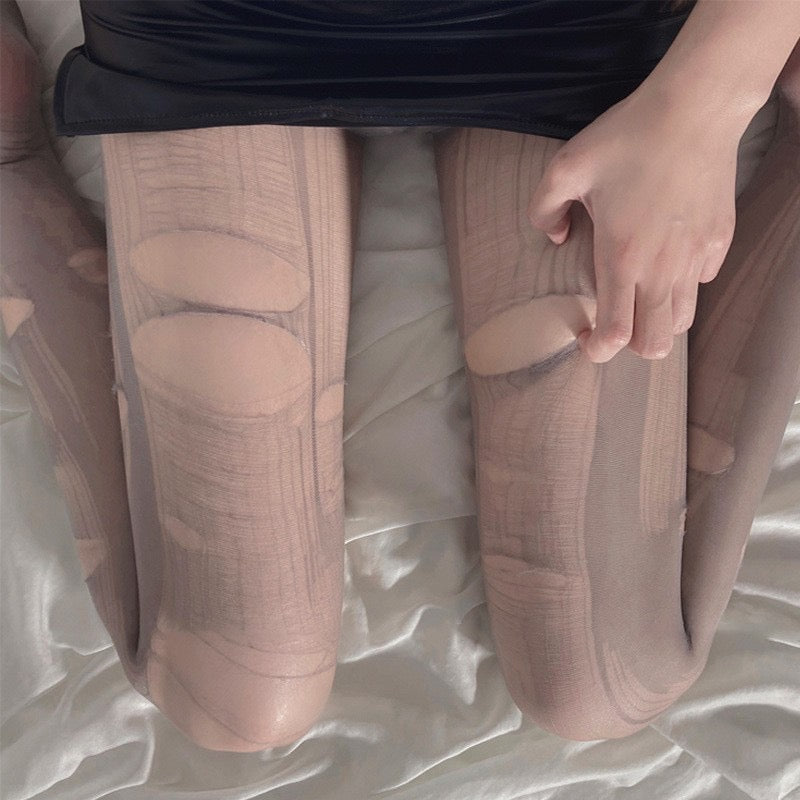 Easily Tearable Sheer Disposable Stockings – Hand-Rippable Sexy Erotic Open-Crotch Black Silk Pantyhos