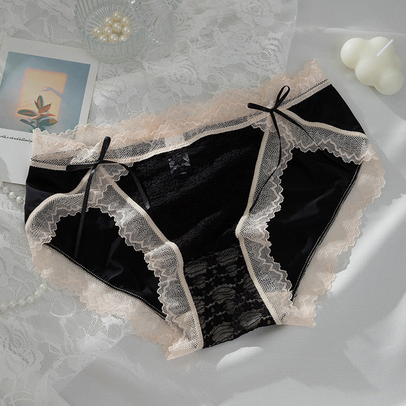 Sexy Lace Jacquard Panties for Women, Open-Slit Design, Double Ribbon Bow, Breathable and Hip-Lifting Mid-Waist Triangle Underwear