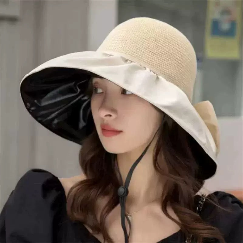 Wide Brim Open-Top Sun Hat –  Ponytail-Friendly Summer Hat with Bow