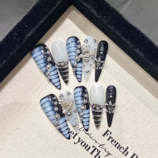 Black&White Dream Aurora Gradient Crocodile Pattern Saturn Handmade Press-On Nails, 30mm Length（10 pcs）