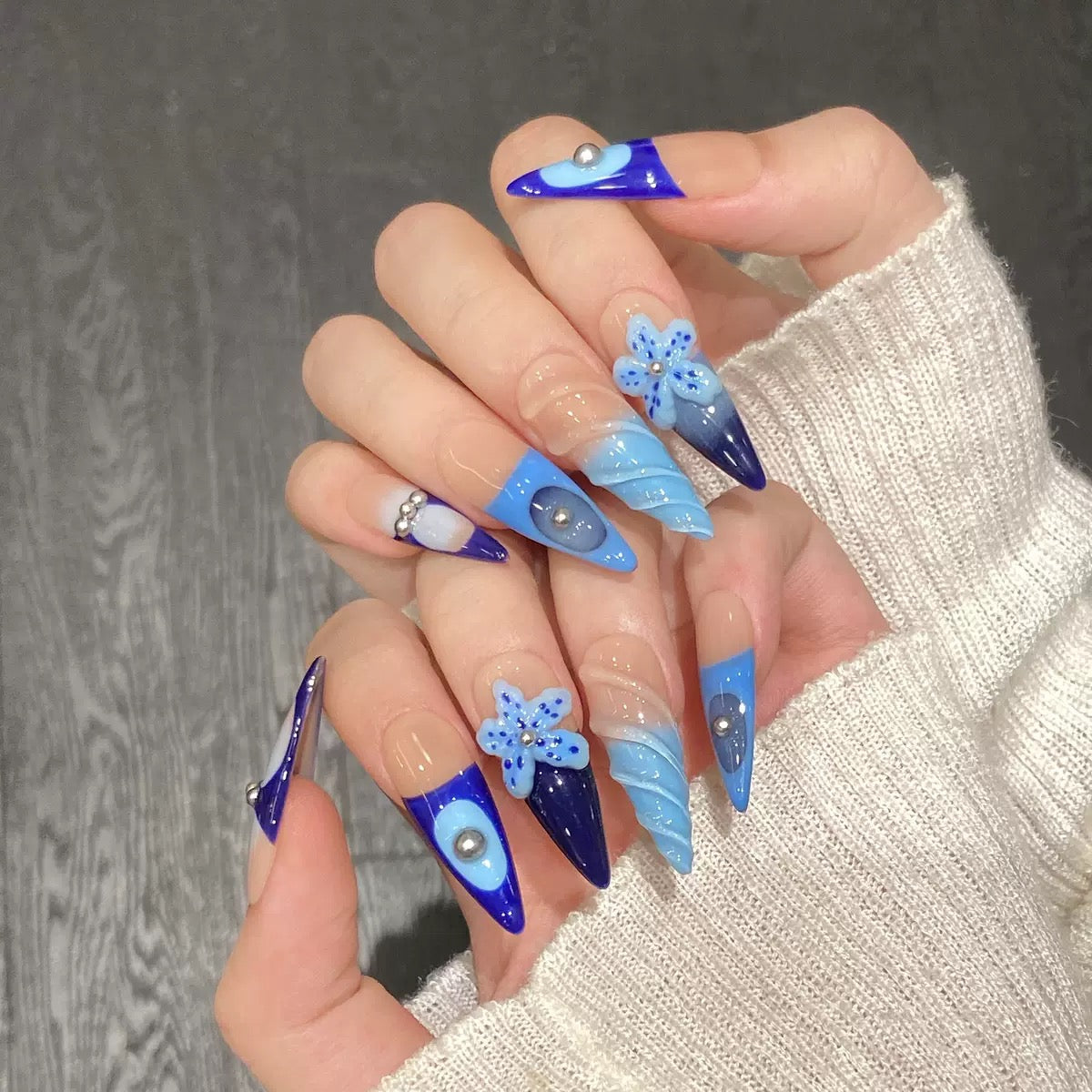 Ocean-Inspired Handmade Press-On Nails – 3D Carved Floral Embossed Design, Fully Hand-Painted.