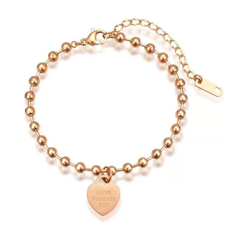 Minimalist Titanium Steel Bead Bracelet – Heart Tag Design, 520 Gift Idea (16cm + 3.5cm Extender)