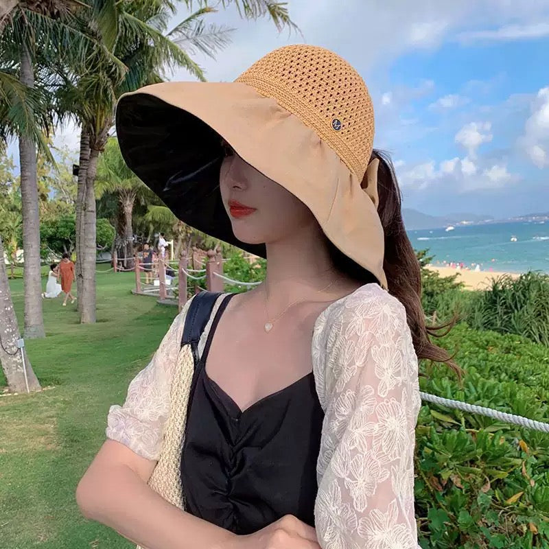 Wide Brim Open-Top Sun Hat –  Ponytail-Friendly Summer Hat with Bow