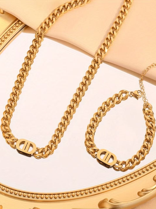 18K Gold-Plated Double D Titanium Steel Cuban Chain Set – Hip-Hop Style Necklace & Bracelet for Men & Women (Non-Tarnish)