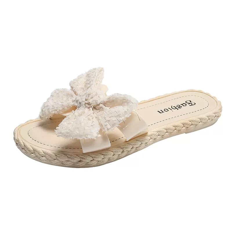 Women’s Bow Slides – Fuzzy Fabric with Jute Sole | Yellow or White