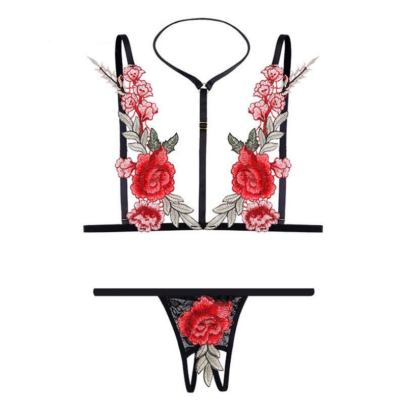 Sexy Lingerie Set – Embroidered Rose Halter Bra with Open-Crotch Thong, Three-Piece Erotic Outfit