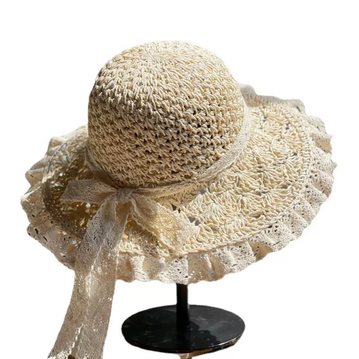 Foldable Crochet Lace Sun Hat – Handmade Summer Beach Hat with Bow