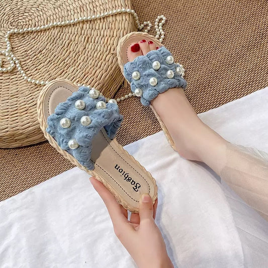 Women’s Pearl Plush Slides – Sky Blue