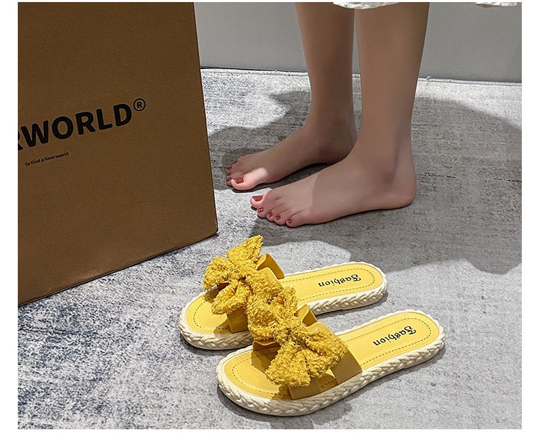 Women’s Bow Slides – Fuzzy Fabric with Jute Sole | Yellow or White