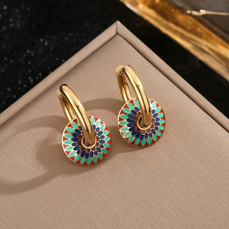 Retro Enamel Jewelry Set – Colorful Drop Glaze Hoop Earrings & Pendant Necklace (2-Piece Set)