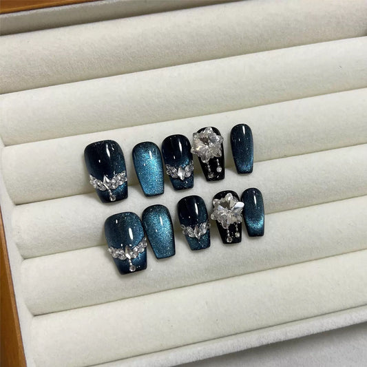 Miss Berg Royal Sapphire Cat Eye Press-On Nails | Luxury Court-Style Design