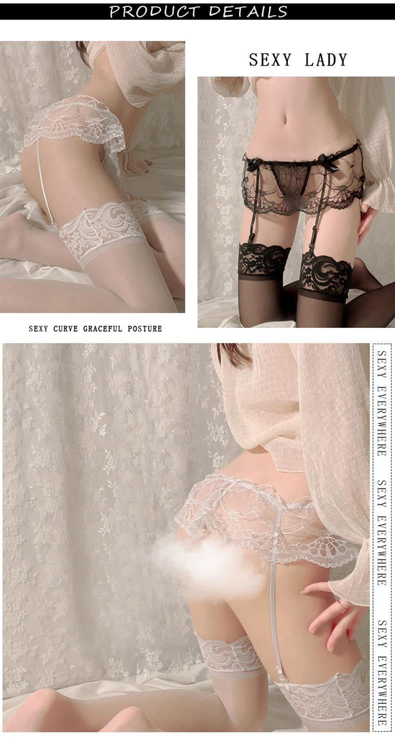 Sexy Lingerie Set – Embroidered Sheer Lace Suspender Stockings with Thong, One-Piece Erotic Outfit