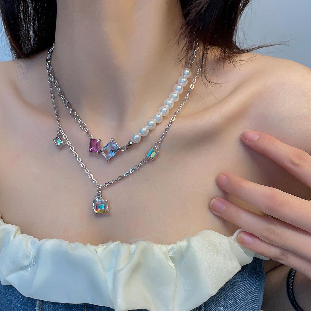 Minimalist Double-Layer Titanium Steel Necklace – Crystal Cube & Pearl Chain for Women (Chunky 39.5cm +10cm / Fine 40cm +10cm)