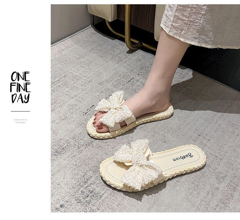 Women’s Bow Slides – Fuzzy Fabric with Jute Sole | Yellow or White