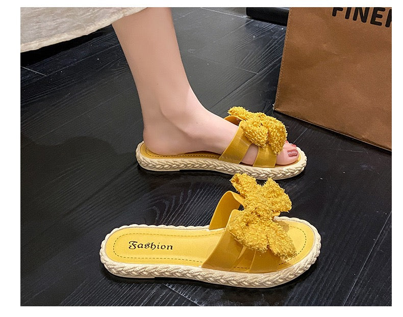 Women’s Bow Slides – Fuzzy Fabric with Jute Sole | Yellow or White