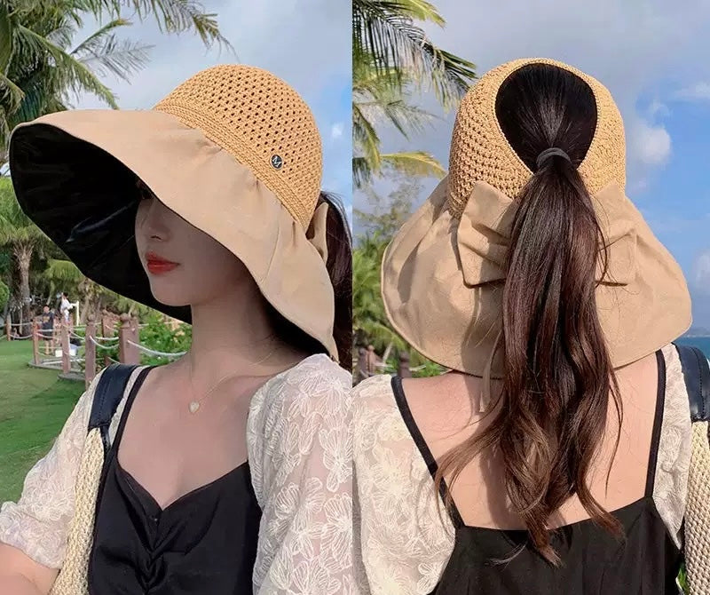 Wide Brim Open-Top Sun Hat –  Ponytail-Friendly Summer Hat with Bow